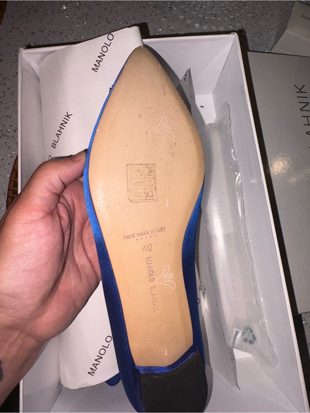Manolo Blahnik Royal Blue Satin Crystal-Embellished Pointed Flats - Picture 5 of 5